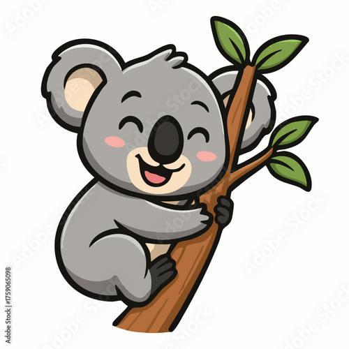 Cheerful koala bear hugging brown tree