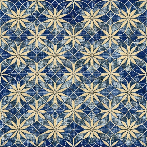 Seamless vintage blue and gold floral star pattern with a distressed geometric diamond lattice Traditional antique