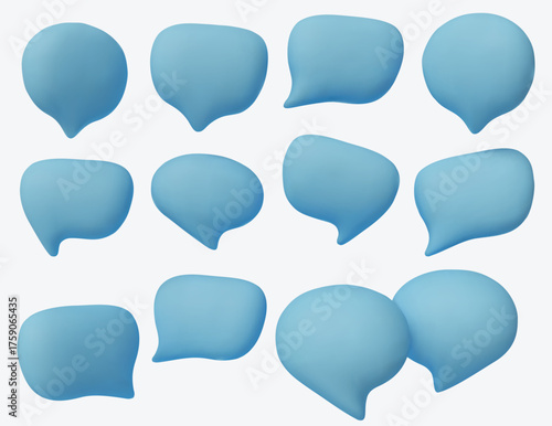 Creative 3D chat icons set, symbolizing dialogue, conversation, texting, communication apps, forums, and social media interaction.