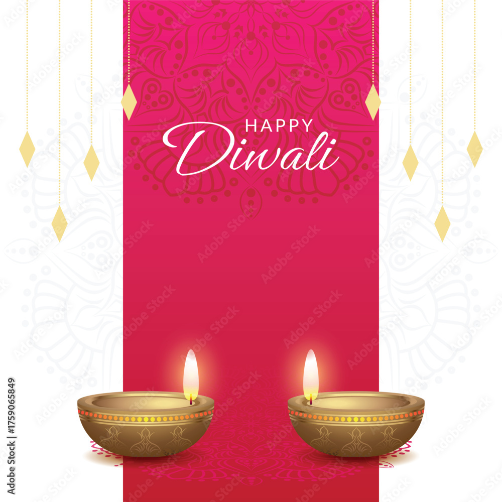 Naklejka premium Happy diwali greeting card with glowing diya design, diwali celebrations vector background