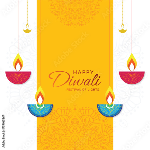 Happy Diwali Hindu festival banner, greeting card. Burning diya illustration, background for light festival of India