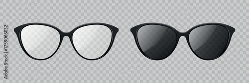 Semi-Transparent Sunglasses and Eyeglasses, Vector Illustration. Realistic Sunglasses with See-Through Lenses. Stylish Glossy Glasses for Fashion and Summer. Minimal Isolated Sunglasses Clipart