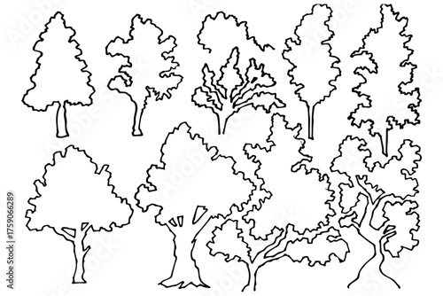 木の線画シルエット素材セット｜ナチュラルな樹木イラスト・植物ベクター集