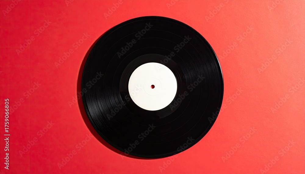 Fototapeta premium Black Vinyl Record With White Label Center on Red Background Top Down View Classic Music Medium
