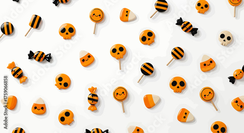 Cute Halloween Wallpaper with Candy Corn and Lollipops on White Background