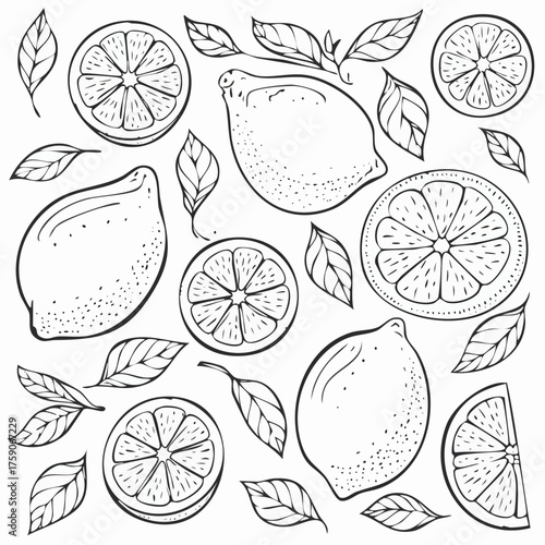 Handdrawn illustration of fresh lemons and leaves perfect for coloring books.