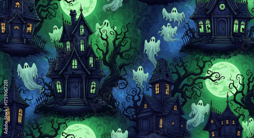 Seamless Spooky Haunted House and Ghost Halloween Wallpaper Pattern for Festive Celebration