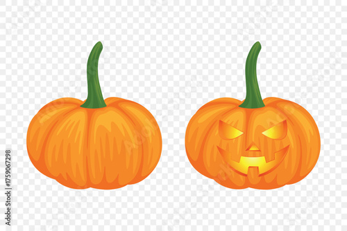 Vector Halloween Pumpkin Set with Carved Faces. Cute Cartoon Pumpkins Set. Colorful Halloween Stickers for Autumn Harvest, Fall Decoration, Thanksgiving, Festive Design