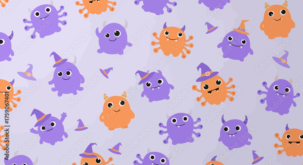 Fototapeta premium A Cute Halloween Wallpaper Pattern with Purple and Orange Cartoon Monsters and Witch Hats