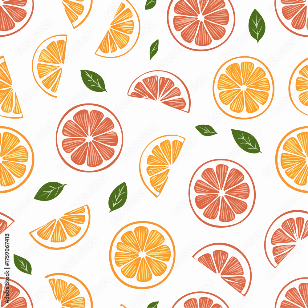 Obraz premium Seamless Pattern of Fresh Citrus Fruits Slices and Leaves.