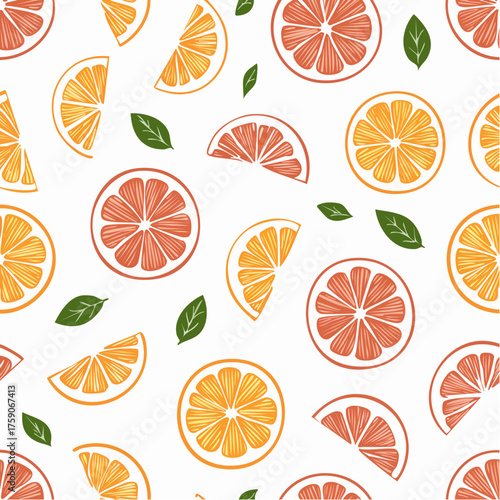 Seamless Pattern of Fresh Citrus Fruits Slices and Leaves.
