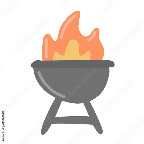 A simple cartoon illustration of a charcoal barbecue grill with flames.