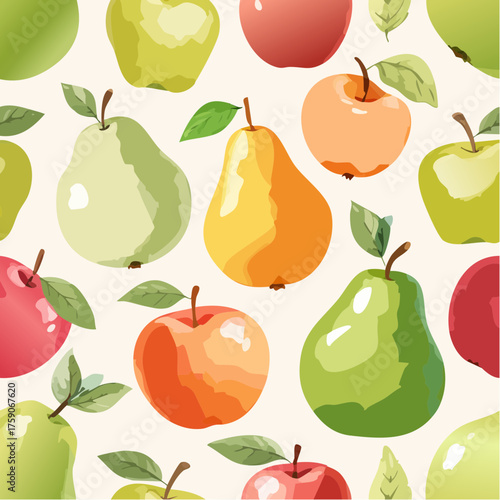 Seamless pattern with colorful apples and pears fresh fruit background.