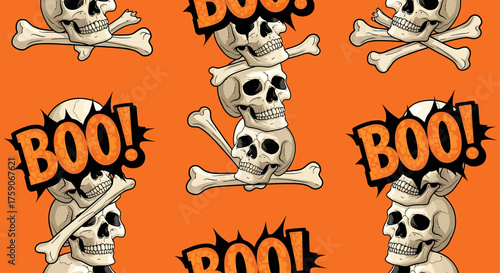 Spooky Halloween Wallpaper with Skulls and BOO! Text for Festive Decorations