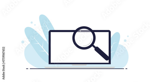 Laptop with a magnifying glass illustrating a search or investigation concept