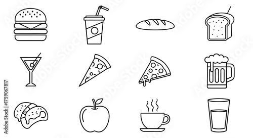 A collection of simple line drawings depicting various food and drink items
