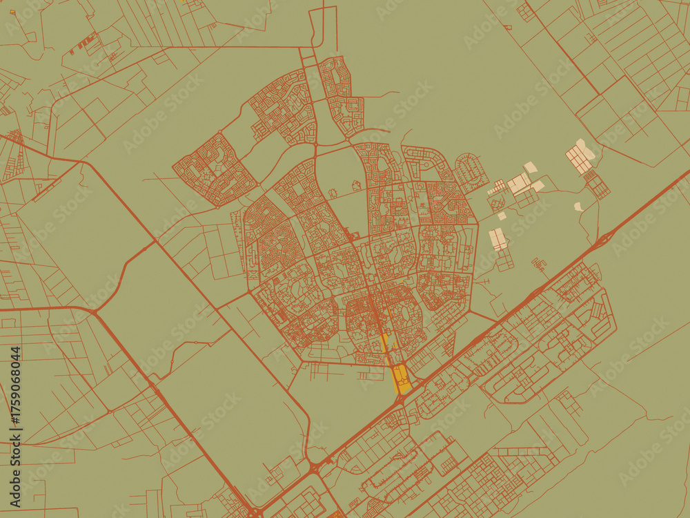 Fototapeta premium Decorative flat city map of Al 'Ashir min Ramadan, Egypt using sage green ground with rust-red roads and ochre accents.