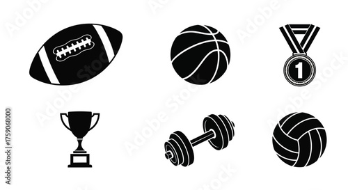 Black silhouettes depicting various sports equipment and athletic achievements