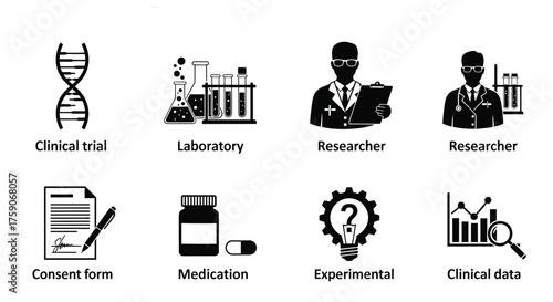 Scientific research icons depicting genetics trials and medical professionals