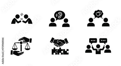Black icons depicting legal justice communication and teamwork concepts