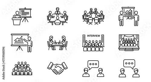 Business meetings presentations interviews and teamwork depicted in line art icons