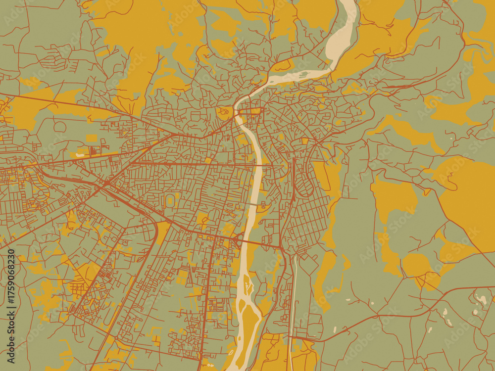 Naklejka premium Contemporary flat map of Kutaisi, Georgia rendered with olive backdrop with warm rust street network and ochre blocks.