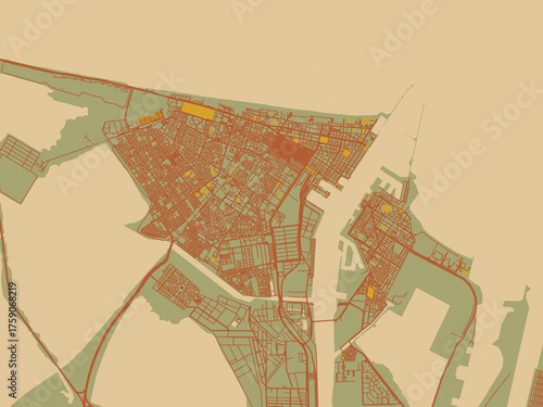 Foto Vector-style flat map of Port Said, Egypt with olive backdrop with warm rust street network and ochre blocks