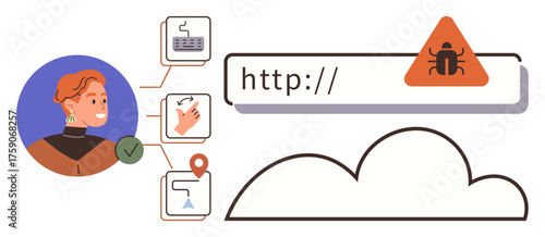 Person verifying security steps, warning icon with a bug above a URL bar, and cloud icon. Ideal for cybersecurity, online threat prevention, digital protection, safe browsing, internet safety, data