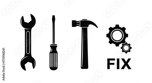 Black and white illustration of tools including a wrench screwdriver and hammer