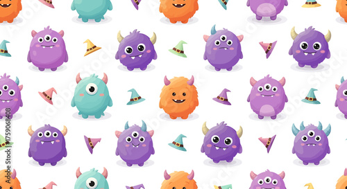 Cute Halloween Wallpaper with Adorable Monsters and Witch Hats Pattern