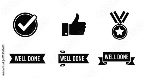 Black and white icons representing success approval and achievement
