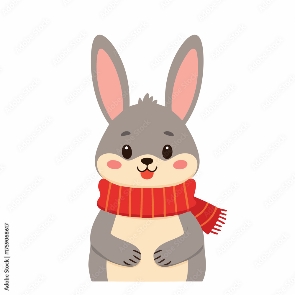 Obraz premium Cute gray bunny with red scarf smiling warmly. Perfect winter illustration for Christmas cards, children’s books, or festive decor.