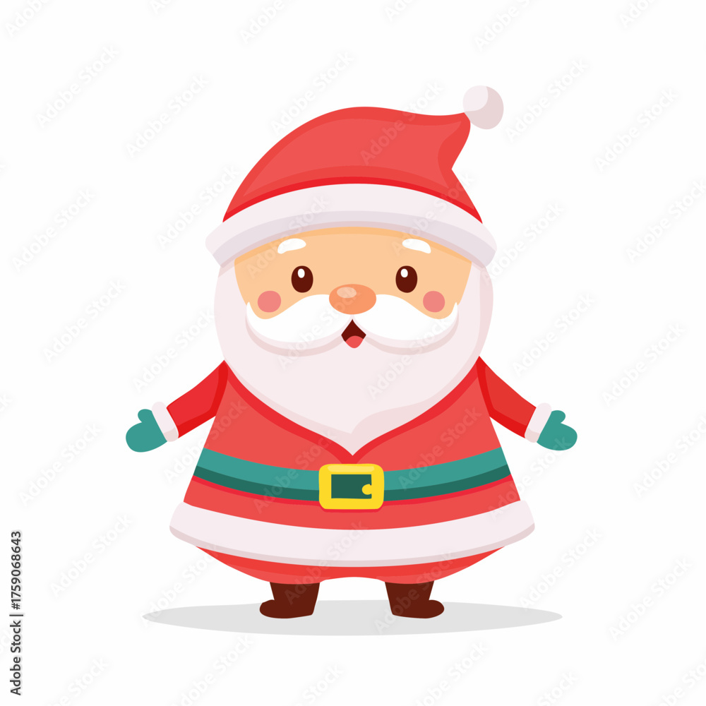 Obraz premium Cute cartoon Santa Claus with red suit, white beard, and belt, standing happily on white background, Christmas character illustration.