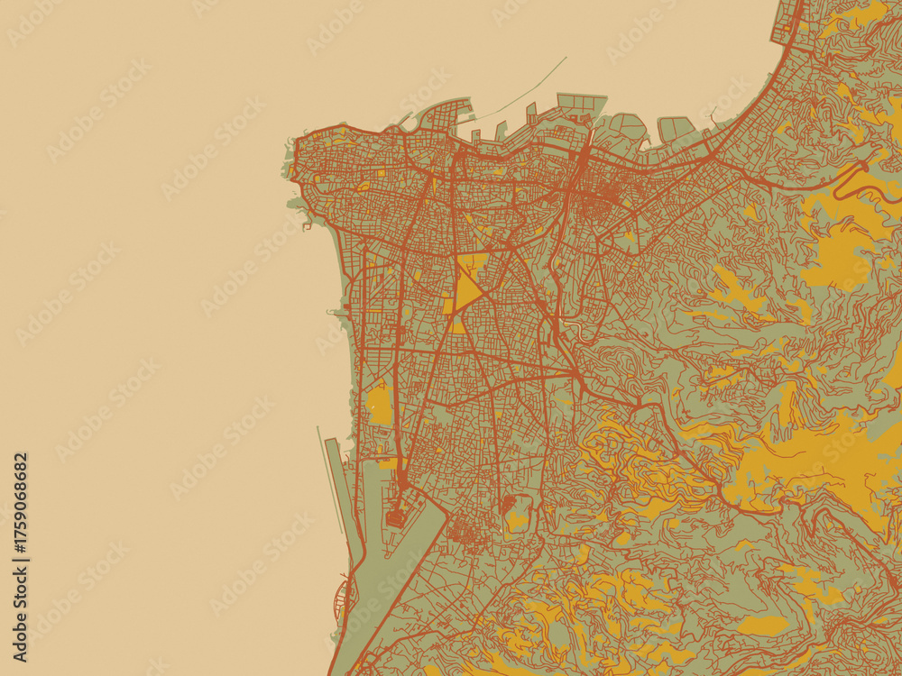 Fototapeta premium Graphic flat color map of Beirut, Lebanon in muted sage base, rust-colored roads, and soft ochre highlights.