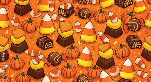 Seamless Halloween Wallpaper Pattern with Candy Corn and Pumpkins