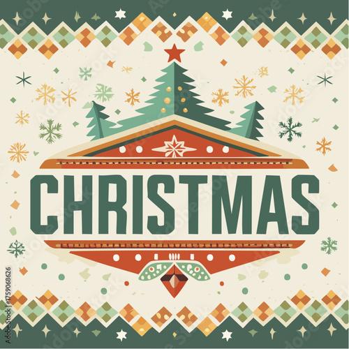 Vintage Christmas typography with tree and snowflake pattern. Retro holiday poster or greeting card in classic festive colors.