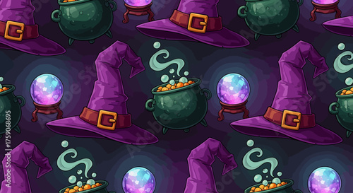 Magical Seamless Witchcraft Halloween Wallpaper with Cauldrons and Crystal Balls