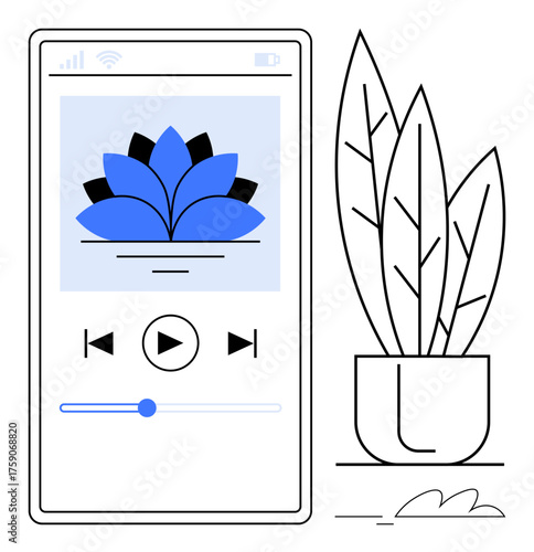 Mobile phone screen displaying audio player controls with floral art, next to a potted plant. Ideal for meditation, mindfulness, technology, relaxation, nature, home d cor digital wellness. Simple