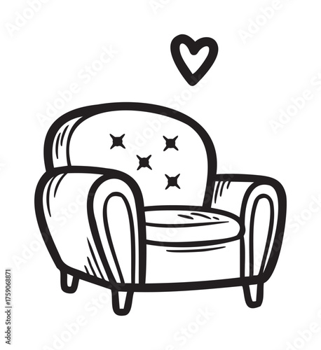 Black outline drawing of a plush armchair with a tufted backrest and a small heart shape above, suggesting comfort and love for home decor.