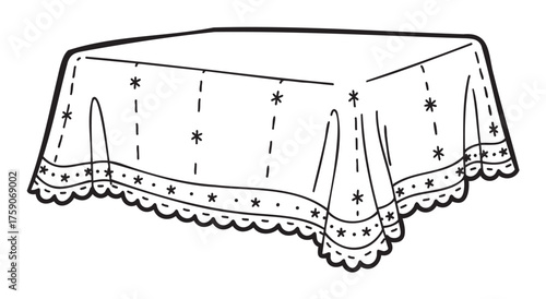 Black outline drawing of a rectangular table with a decorative tablecloth featuring star patterns and a scalloped edge.