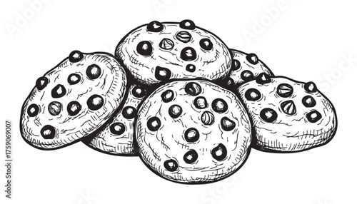A black and white sketch of a pile of six chocolate chip cookies, each showing distinct chocolate chips and a textured surface.