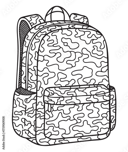 Black outline of a camouflage-patterned backpack with multiple compartments and a sturdy design, ideal for school or travel.