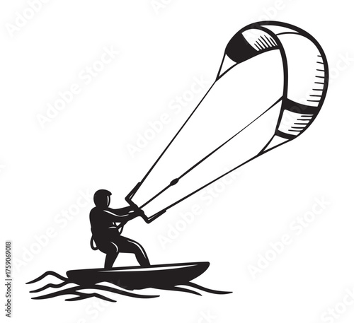Black silhouette of a person parasailing on a surfboard with a dynamic kite above the waves, capturing the thrill of water sports and outdoor adventure.