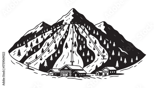 Black outline vector of a snowy mountain with ski slopes, chairlifts, pine trees, and a small village at the base.