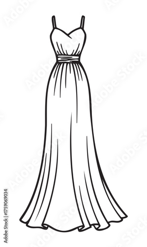 Black and white outline drawing of an elegant floor-length gown with a fitted bodice and flowing skirt, designed for formal occasions.