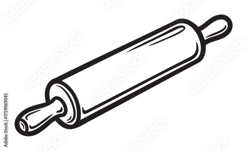 Black outline drawing of a wooden rolling pin with handles on each side, ideal for baking and kitchen concepts.