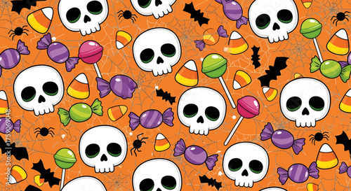 Spooky and Sweet Halloween Wallpaper with Skulls, Candies, and Bats on an Orange Background