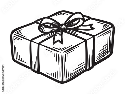 Black outline drawing of a gift box tied with a ribbon bow. classic sketch-style illustration for celebration and gifting themes.