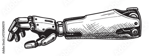 Detailed black and white illustration of a mechanical prosthetic arm with intricate joint and finger designs.