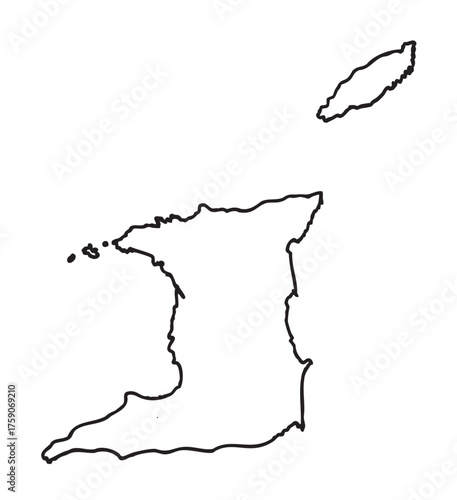 Black outline map of trinidad and tobago, featuring two distinct landmasses representing the main islands.